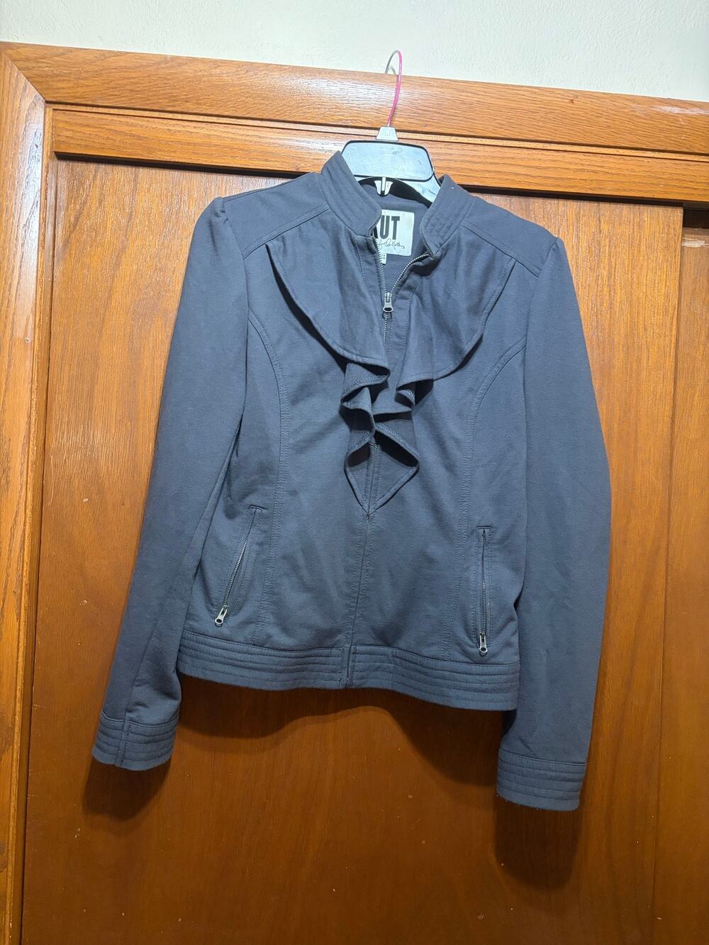 Kut From The Kloth Ruffle Zip Front Jacket Gray Knit Moto Medium M Stretch